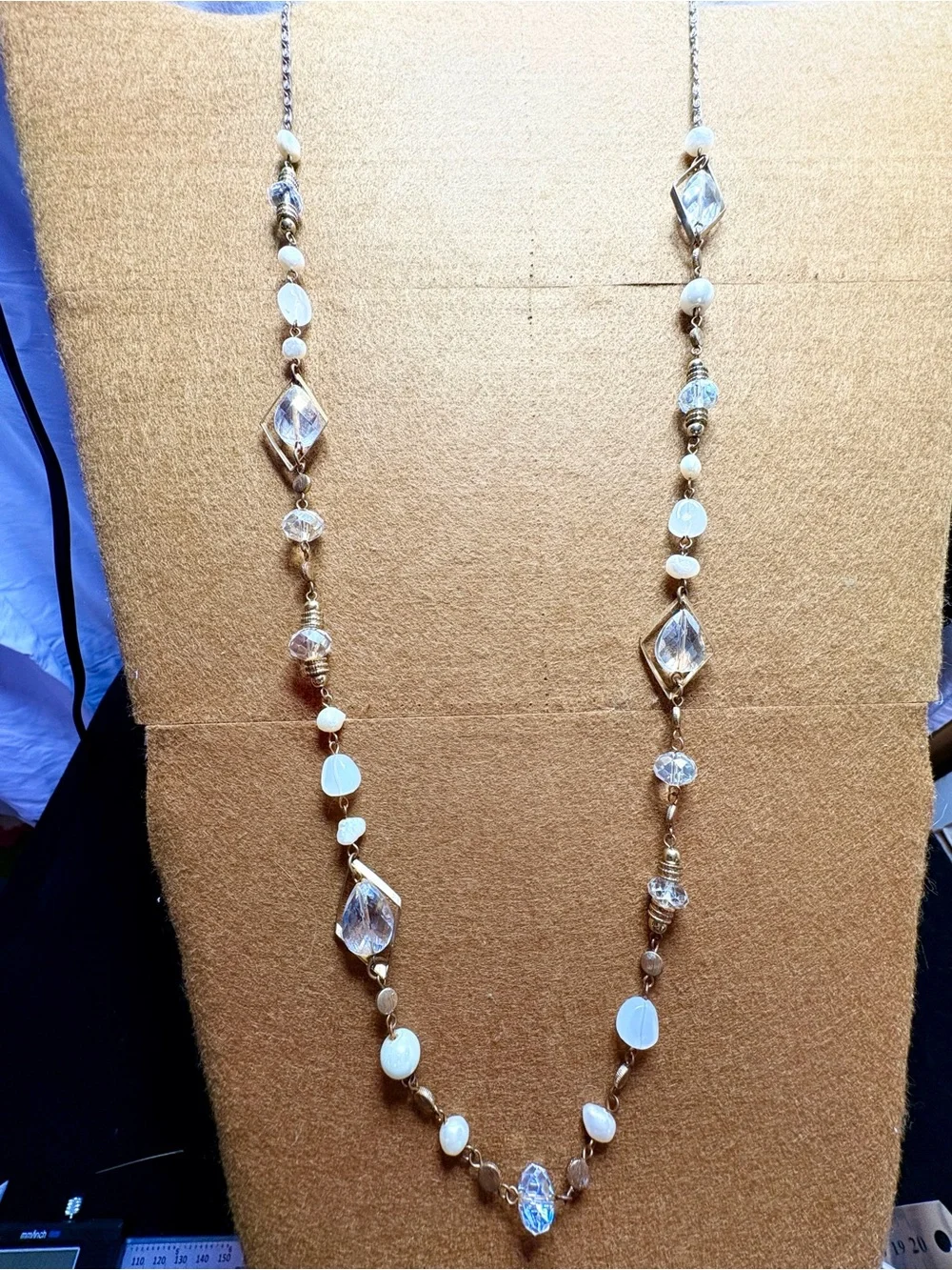 Vintage Elegant Gold-Tone Beaded Long Necklace with Clear and Cream Accents